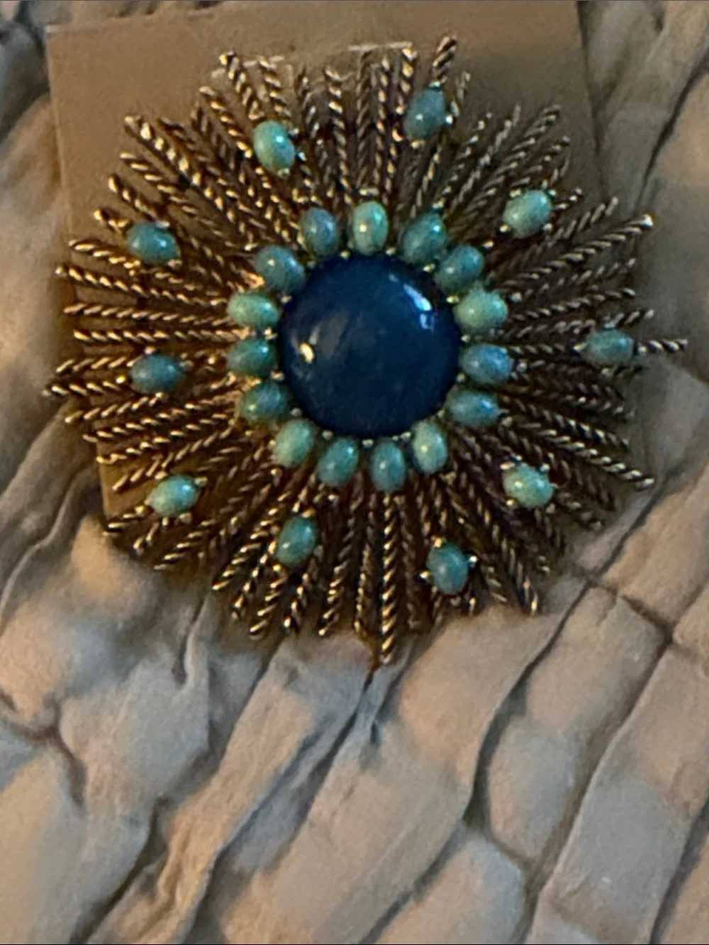 Large sunburst brooch lapis crystal and turquoise colored cabochon stones brooch